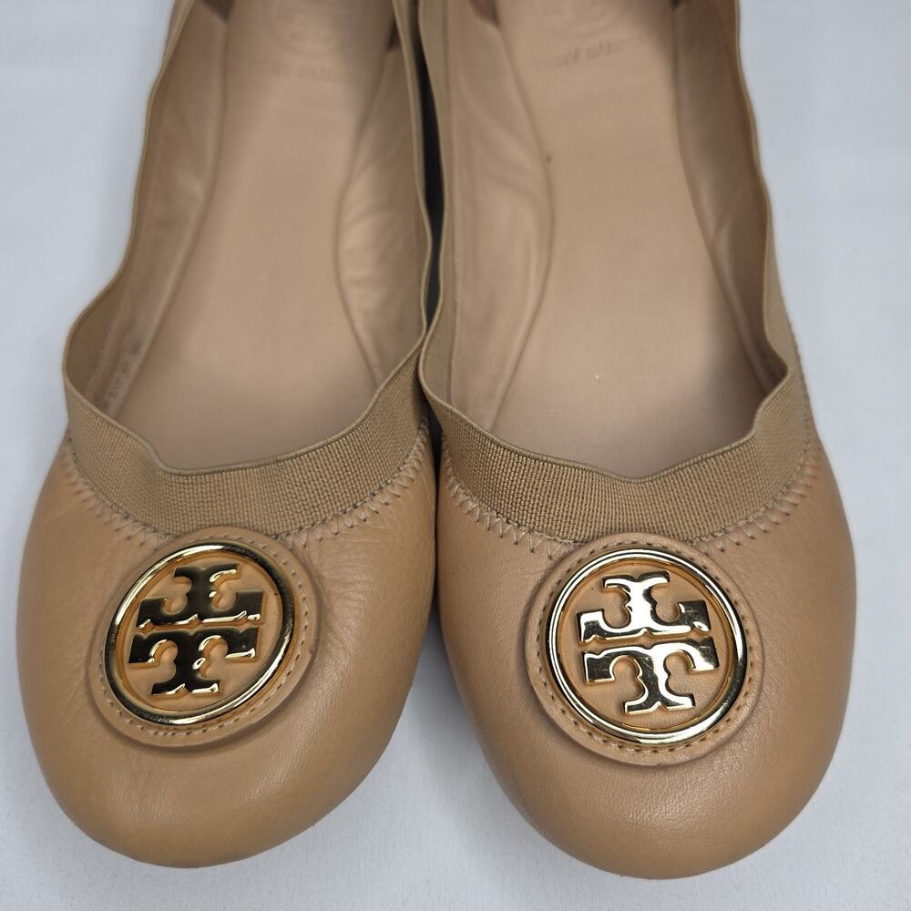 Tory Burch Flat Women 8 M Leather Caroline 2 Ballet Elasticize Medallion Core Go